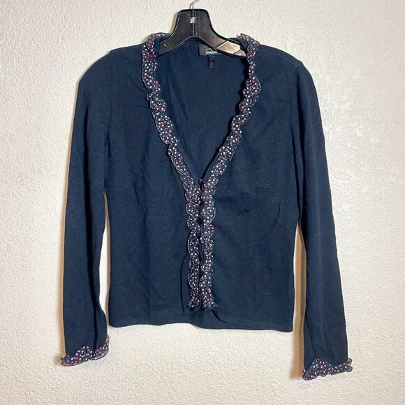 Escada Neiman Marcus Cardigan Sweater Womens Small Navy Blue Ruffle Trim Polka - Picture 1 of 8